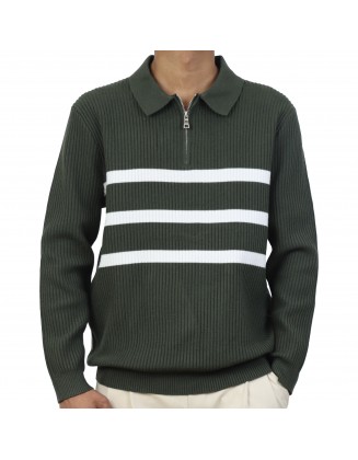 Striped Polo Zip Up Pullover 