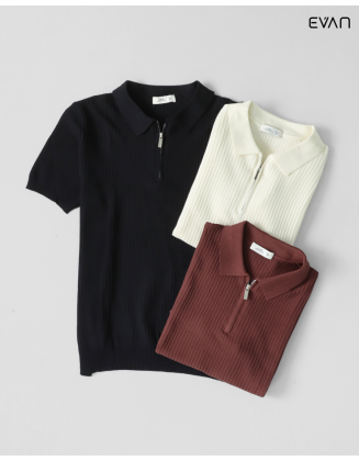 Ribbed Zip Polo T-Shirt